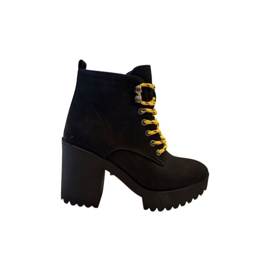 Black Platform Lace-Up Ankle Boots with Yellow Laces